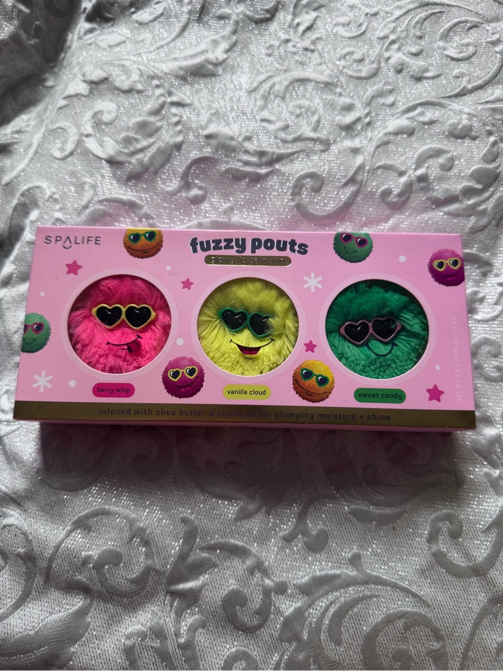 SpaLife Fuzzy Pouts Glowy Lip Balm Trio 3 Pack Berry Whip Vanilla Cloud Sweet Ca